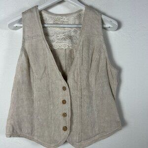 Coldwater Creek Womens Linen Button Front Vest Gray Lace Trim Sleeveless Casual